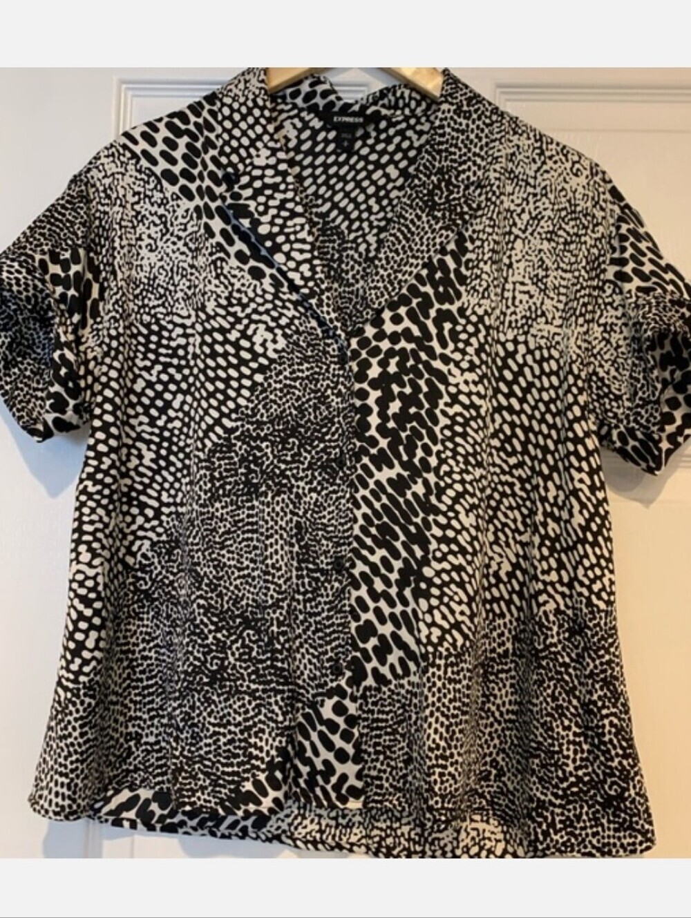Women's Black and White Animal Print Top Express Button Up Short Sleeve